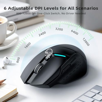 Uineer Ergonomic Wireless Mouse, 6 Adjustable DPI Up to 12800, 3-in-1 Multi Connection(BT5.0& Wired &2.4G Wireless Programmable Silent Click Bluetooth Mouse for Laptop PC Gaming Office