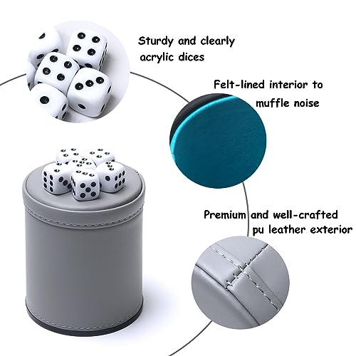 5 Pack PU Leather Dice Cups Felt Lining Quiet Shaker with 30 Dot Dice for Bar Party Yahtzee Farkle Dice Games, Grey - color: Grey