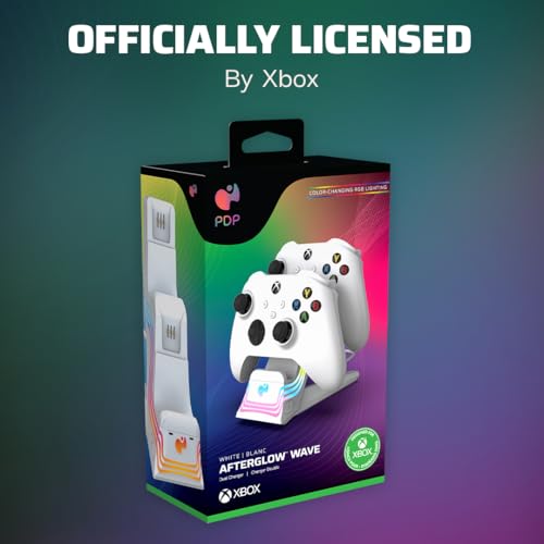 PDP Afterglow Wave Dual Charger for Xbox Series X|S, Xbox One Controllers | Customizable RGB Lighting, Charges 2 Controllers, Rechargeable 40-Hr Battery, Licensed for Xbox, White - color: White, style: Xbox