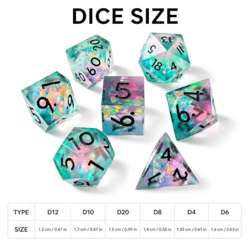 Mini DND Dice Set Tiny Dice 7Pcs Handmade Sharp Edge Accessories Dice for Dungeons and Dragons, Polyhedral Resin Dice - color: Mini--green Pink