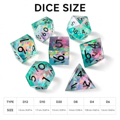 Mini DND Dice Set Tiny Dice 7Pcs Handmade Sharp Edge Accessories Dice for Dungeons and Dragons, Polyhedral Resin Dice - color: Mini--green Pink