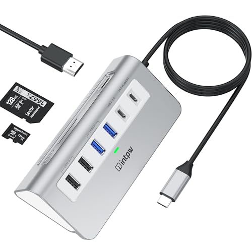 intpw USB C Hub, P9 USB C Hub Multiport Adapter with 4K HDMI, PD 100W, Type-C & 2 USB A 3.0 5Gbps, 2 USB A 2.0, SD/TF Card Reader, Aluminum USB Hub for Laptop, iPhone 17 Series, MacBook, iPad - color: Silver, size: 3.28ft+5Gbps