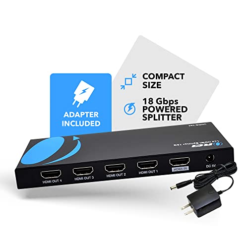 OREI UltraHD 4K HDMI @ 60 Hz 1x4 HDMI Splitter – HDMI Splitter 1 in 4 Out 4:8-Bit, HDMI 2.0, HDCP 2.0, 18Gbps, EDID Management, Mirror Displays – UHDS-104 | HDMI Splitter 1 in 4 Out 8-Bit, HDMI 2.0, Mirror Displays. Supports LPCM 7.1CH, Dolby TrueHD, and
