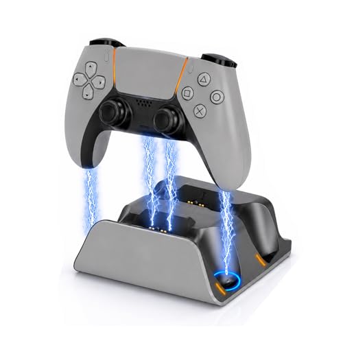 PS5 Controller Charger Station with LED Indicator,Self-Aligning Charging Dock,Dual Controller Fast Charging Dock,Desktop Display Stand for PlayStation 5 (Grey) - color: Grey