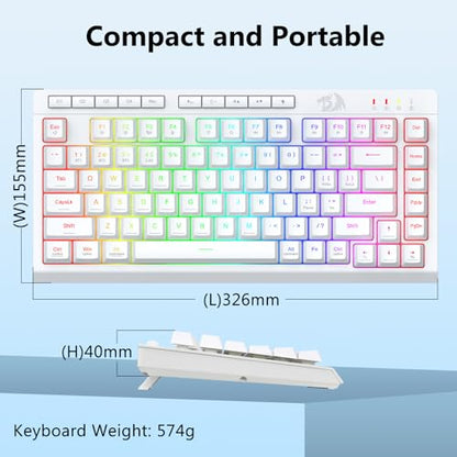 Redragon Wireless Gaming Keyboard, Portable 75% Compact,RGB Backlit, White | Bluetooth/2.4GHz/USB-C Wired, Mini Quiet Macro Membrane Keyboard, Rechargeable 4000mAh Battery, Anti-Ghosting for Win/MAC - color: White