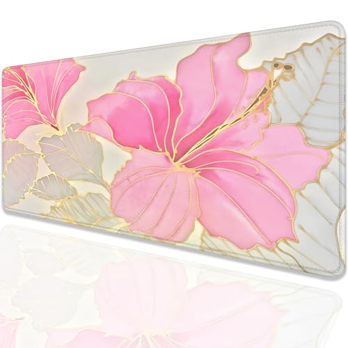 Abstract Floral Mouse Pad Desk Mat,Pink and Gold Extended Gaming Mouse Pad with Stitched Edges,Non-Slip Waterproof Rubber Base for Office,Computer,Keyboard,Laptop and Home Desk Pad(27.5X11.8 in) - color: Abstract Flower Pink and Gold