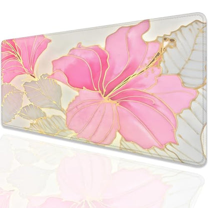 Abstract Floral Mouse Pad Desk Mat,Pink and Gold Extended Gaming Mouse Pad with Stitched Edges,Non-Slip Waterproof Rubber Base for Office,Computer,Keyboard,Laptop and Home Desk Pad(27.5X11.8 in) - color: Abstract Flower Pink and Gold