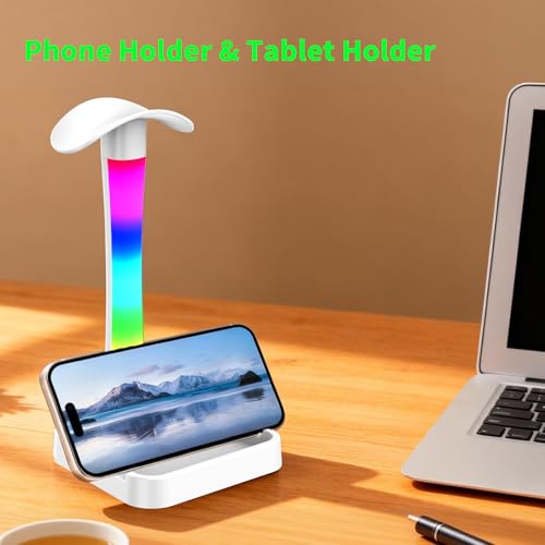 Headphone Stand with Charger,Gaming Headset stand with RGB Light Mode,For Airpod Max Stand,Desk Lamp,Phone Holder,Tablet Holder,desktop organizer,Gifts for Gamers & Music Lover (White) - color: White