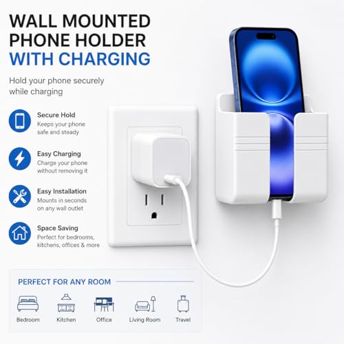 Wall Phone Holder, Adhesive Phone Wall Mount with Cable Hole, Bathroom Bedside Kitchen RV Phone Holder Compatible with iPhone, Android Phones and Remote Controls (White) - color: White