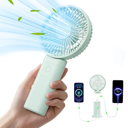 HandFan Upgraded 10,000 mAh Quiet Handheld Fan - 4.5 Inch Large Hand Held Fans Reahargeable, 180° Foldable Portable Fan [30 Working Hours] with Lanyard, Base for Disney/Travel/Concerts/Beach/Office - color: Clear‑Blade Sage Green