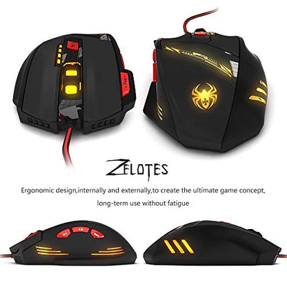 zelotes RGB Optical Gaming Mouse with Rapid Fire Button,9200 DPI (6-Level Adjustable), 8 Programmable Buttons,Adjustable Weights,USB Wired Ergonomic Mouse for Office/Gaming/Laptop/PC (Black)