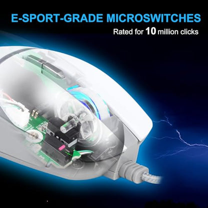 FOXXRAY BM-88 RGB Gaming Mouse, 7200 DPI, Musicsync Backlit, Wired Optical Mouse with 7 Programmable Buttons, 13 Lighting Effects, Braided Cable, Gaming Mouse for PC/Laptop - White