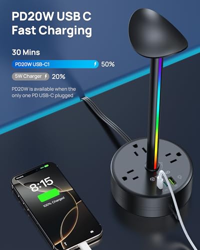 TROND Headphone Stand with PD 20W USB C Charger, RGB Gaming Headset Holder with 3 AC Outlets Extension, 5ft Retractable Power Strip Suitable for Gamer Desktop Table Game Earphone Accessories Gift