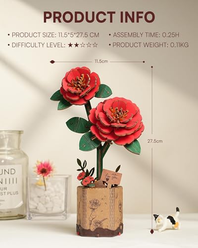 3D Flower Wooden Puzzles for Adults-Red Camellia, DIY Wooden Flowers Model Kit Building Set Crafts Birthday Gifts, Artificial Botanical Collection Creative Gift Idea/Housewarming (113PCS) - style: TW - Red Camellia
