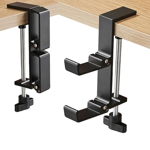Dual Foldable Headphone Hanger Under Desk, Aluminum Alloy Headset Holder with Hooks, Anti-Accidental Bump Design, No-Drill Clamp Mount, Space-Saving for Headsets, Office & Computer Desk Organizer