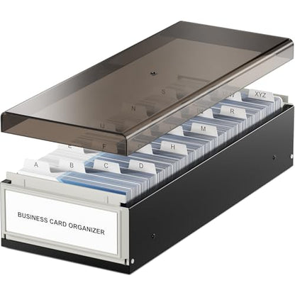 MaxGear Business Card Holder for Desk, Capacity: 800 Cards (3.5” x 2.2”) | Large Plastic Business Card Organizer Box, Credit Cards Holder File Box Storage, A-Z Tabs, Metal Structure, Black