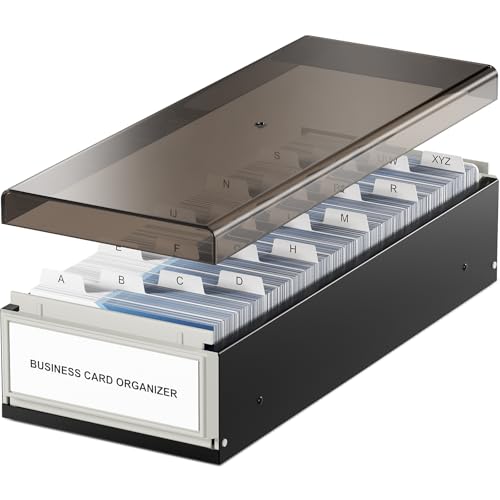MaxGear Business Card Holder for Desk, Capacity: 800 Cards (3.5” x 2.2”) | Large Plastic Business Card Organizer Box, Credit Cards Holder File Box Storage, A-Z Tabs, Metal Structure, Black
