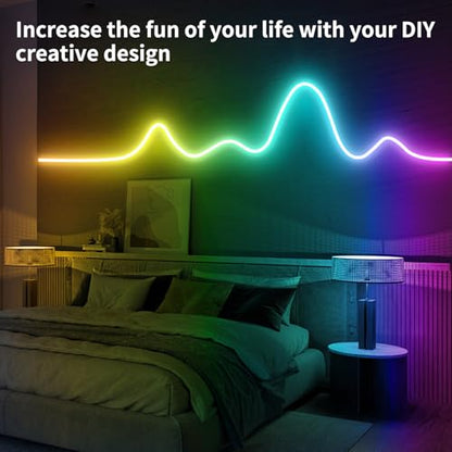 65.6FT Neon Rope Light,IP65 Waterproof RGB LED Strip Lights,Neon LED Lights with 40 Key Remote and APP Control for DIY Design,Multiple Modes for Bedroom,Holiday Decor（with Snap &Screws） | Neon LED Lights with 40 Key Remote and APP Control for DIY Design,M