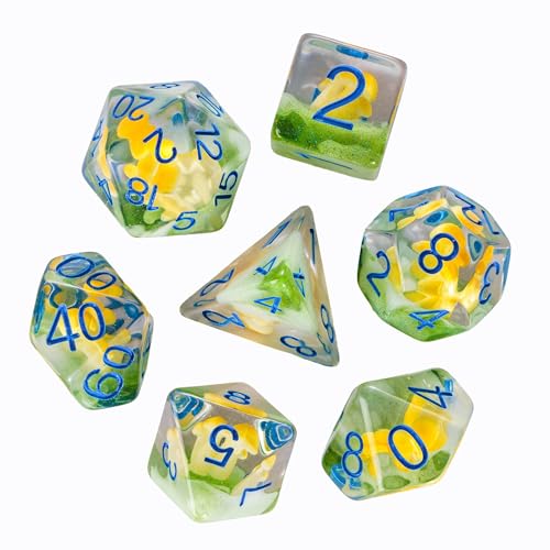 UDIXI Yellow Mushroom Dice Set, Polyhedral Dice Set D&D for Tabletop Games | Velvet Storage Bag, DM Gift, for Dungeons and Dragons Role Playing Games Board Games - color: Mushroom Yellow/Blue Font