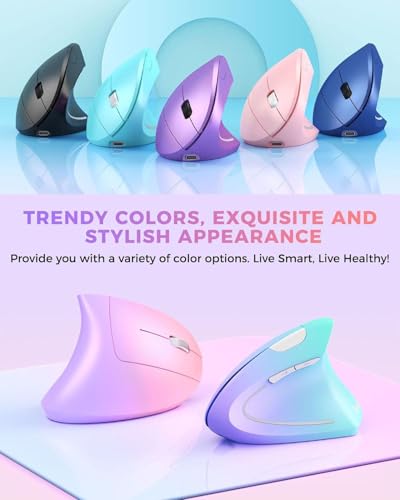 Lekvey Ergonomic Mouse, Vertical Wireless Mouse Rechargeable 2.4 GHz Optical Carpal Tunnel Mouse : 800/1200/1600 DPI, 6 Buttons, for Laptop, PC, Mac, Computer, Desktop, Notebook etc, Pink to Purple - color: Pink to Purple
