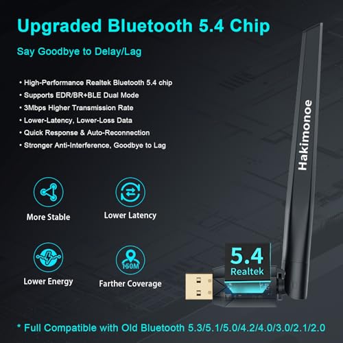 Long Range Bluetooth 5.4 Adapter for PC, USB Bluetooth Dongle Enhanced Antenna for Laptop Desktop Computer Windows 11 10 8.1 7, Linux, Pair with Headphones Speaker Mice Keyboard Controller - style: Latest BT5.4-150M Long Range-BT09
