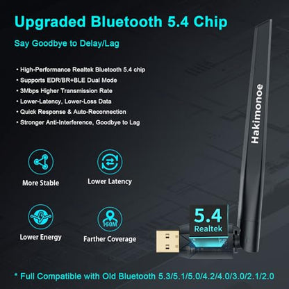 Long Range Bluetooth 5.4 Adapter for PC, USB Bluetooth Dongle Enhanced Antenna for Laptop Desktop Computer Windows 11 10 8.1 7, Linux, Pair with Headphones Speaker Mice Keyboard Controller - style: Latest BT5.4-150M Long Range-BT09