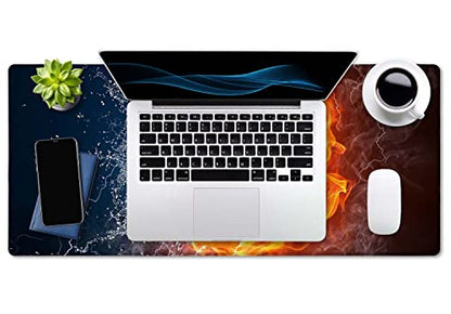 SSOIU Extended Gaming Mouse Pad (35.5x15.7 in), Basketball Ball in Fire and Water Large Non-Slip Rubber Base Mousepad with Stitched Edges, Waterproof Keyboard Mouse Mat Desk Pad for Work, Game, Office - color: Basketball Ball