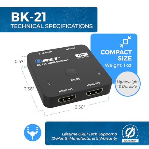 OREI 8K 2-Port HDMI 2.1 Switch, 8K@60Hz, 4K@120Hz, Auto and Manual Switch | hdmi switch 2 in 1 out, hdmi 2.1 switch 4k 120hz, 48Gbps, HDR10, Dolby Vision, PS5/Xbox, IR Remote - color: Jet Black