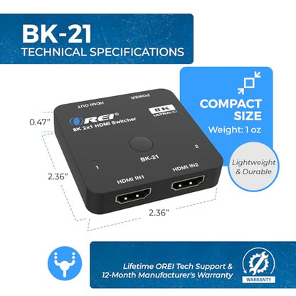 OREI 8K 2-Port HDMI 2.1 Switch, 8K@60Hz, 4K@120Hz, Auto and Manual Switch | hdmi switch 2 in 1 out, hdmi 2.1 switch 4k 120hz, 48Gbps, HDR10, Dolby Vision, PS5/Xbox, IR Remote - color: Jet Black