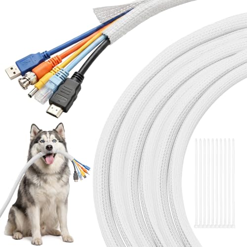 Delamu 30ft - 1/2 inch Cable Sleeve Cord Protector from Pets No Chew, Split-Braided PVC Wire Loom Tubing for Desk Computer USB TV Cord Organizer, Easy Set-up Cable Management Sleeve Kit, White - color: White, size: 1/2"-30ft