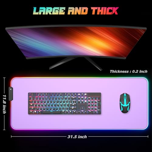 ITNRSIIET RGB Gaming Mouse Pad, Full Desk XL Extended Large Gaming Mousepad, 12 Lighting Modes 30% Thicker Big LED Desk Mat for Gamers, 32 x 12 inches, Purple - color: Purple