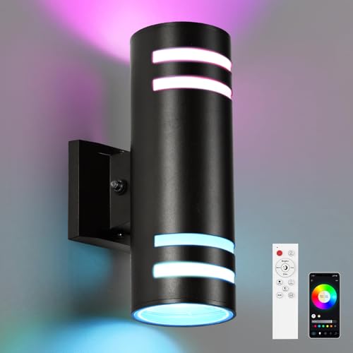 RGB Up and Down Lights Outdoor Wall Lights 1 Pack, Smart Color Changing Outdoor Wall Sconce WiFi Voice & App Control,Aluminum Waterproof Exterior Lights for Porch Compatible with Alexa - color: Black-Cylinder 2, size: 1 Pack