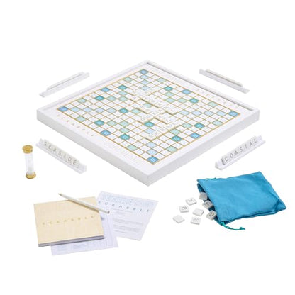 WS Game Company Scrabble Bianco Edition with Rotating Wooden Game Board | Coastal Aesthetic, Turntable, Raised Letter Tile Grid, Classic Word Game for 2-4 Players, Adults, Families and Kids Ages 8+