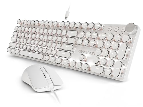 EWEADN Wired Typewriter Keyboard and Mouse Combo, Typewriter Style Mechanical Keyboard,104 Keys Backlit LED Keyboards, Media Control Knob, Wired Keyboard White Switch for Windows/PC-White - color: White