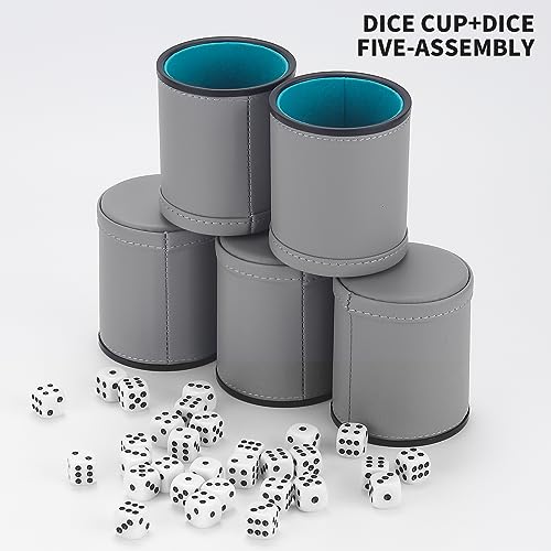5 Pack PU Leather Dice Cups Velvet Felt-Lined Shaker Cups with 30 Dot Dice for Bar Party Yahtzee Farkle Dice Games, Grey - color: Grey