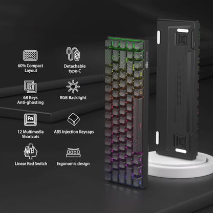 MageGee Portable 60% Mechanical Gaming Keyboard, RGB Backlit Compact 68 Keys Mini Wired Office Keyboard with Red Switches for Laptop PC Mac - Black Contour Lines - color: Black Contour Line/Red Switch