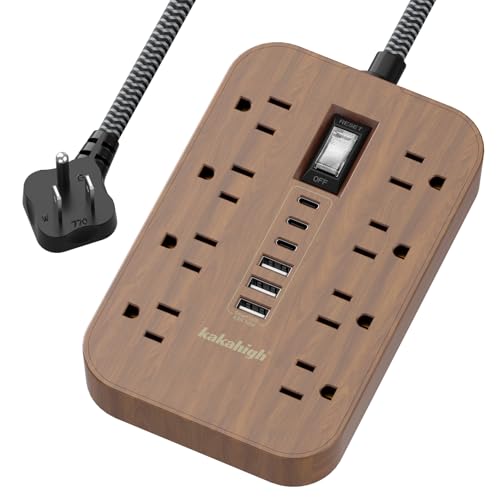 Walnut Power Strip with USB Ports - 5 FT | 1625W Wood Power Strip with 8 AC Outlet 6 USB, For Brown Tan Wood Walnut Grain Aesthetic Vintage Rustic Desk Decor - color: Brown, size: 5FT