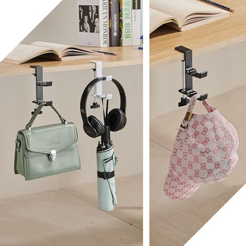 Heavyrain Desk Edge Headphone Holder and Bag Hook, Clamp-On Design, No Drill Installation, Metal, Black - color: black.