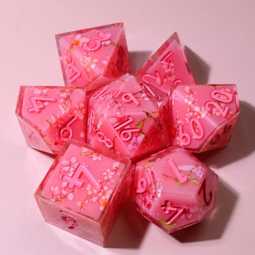 XENOLUX Resin DND Dice Set, Sakura Pink Polyhedral RPG Dice with Translucent Floral Stickers, Spring Aesthetic Tabletop Accessories for Dungeons and Dragons Board Games (L1) - color: L1