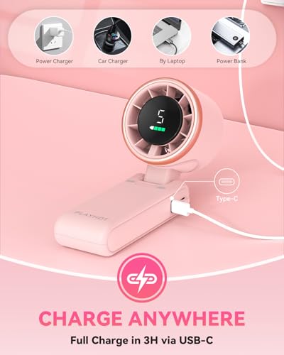 PlayHot Portable Handheld Turbo Fan, Travel Essentials, Gifts for Women/Men | 5-Speed, Up to 12H, 10m/s Airflow, USB-C Rechargeable, LED Display, 3-in-1 Foldable Personal Fan for Cruise, Beach, Vacation - color: Pink