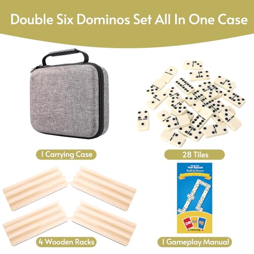 Doreimi Double 6 Dominoes Set, 28 Tiles, 4 Wooden Racks, Travel Case | Easy-Read Dots, Portable Carrying Case, Classic Board Game, Great For Kids And Adults, Family Game Nights - style: Double 6 Dot