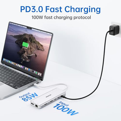 USB C Laptop Docking Station Dual Monitor Dual HDMI 4K DP Triple Display Hub, 13 in 1 MOKiN USB C Hub with 3 Monitors, DisplayPort, USB 3.1, RJ45, 100W PD, Card Reader, Audio/Mic, for Dell HP, Sliver