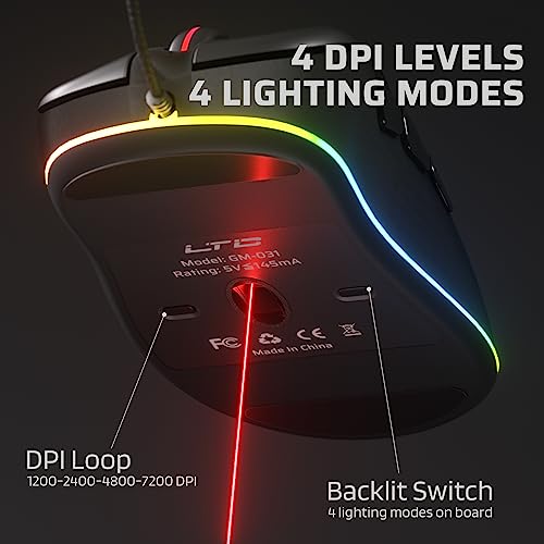 LTC GM-031 Wired Gaming Mouse, 7200 DPI Adjustable, 6 Programmable Macro Buttons, 4 RGB Backlit Mode, Ergonomic Shape, Software Support for Customization, Black
