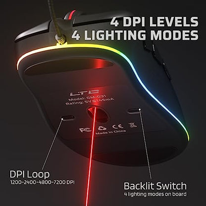 LTC GM-031 Wired Gaming Mouse, 7200 DPI Adjustable, 6 Programmable Macro Buttons, 4 RGB Backlit Mode, Ergonomic Shape, Software Support for Customization, Black