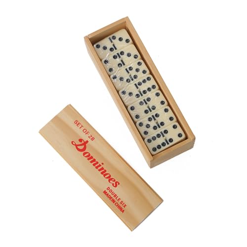 Dominos Set for Adults with Wood Box - Tile Dot Dominoes Games Set ，Classic Dominoes Set, 28 Tiles, Natural Wood and Ivory, Wooden Box Storage, Dominos Set for Adults