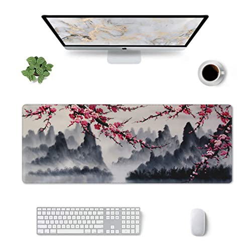 Japanese Sakura Watercolor Painting Extended Mouse Pad 31.5x11.8 Inch Cherry Blossom Flower Non-Slip Rubber Base Mousepad Stitched Edges Keyboard Mouse Mat with Stitched Edges for Gaming and Office - color: Cherry Blossom 2