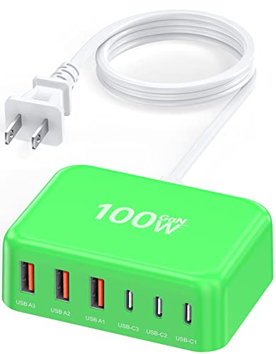 6 in 1 USB Charger, 50% Smaller Charging Station for Multiple Devices, 100W Fast Charging Blocks with Type C Ports, USB Charging Hub Organizer Multiport Power Strip for iPhone, Ipad, Kindle, Travel - color: D-Green