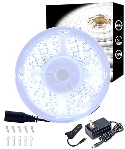 50 FT Led Strips Lights 24V Plugin Led Strip Lights Connectable Daylight White 6000k Lighting Indoor Rope Lights Flexible LED Light Strip for Holiday Home Housewarming Party Decor - color: 6000K, size: 50 FT