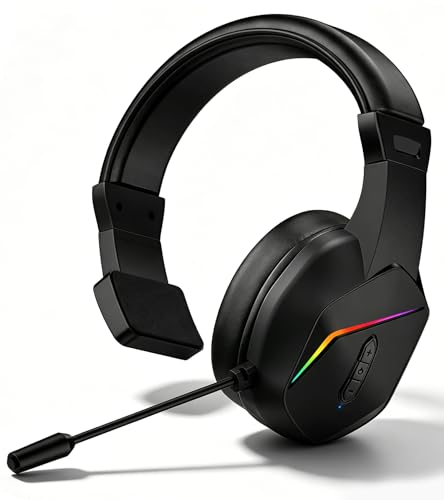 Wireless One Ear Headset with Mic, Single Ear Trucker Headset for PC/Computer/Laptop/Mac/iPad/iPhone/Android/Switch, Gaming Headphones with RGB Light, Mute Button for Truck Driver, Office Work, Chat