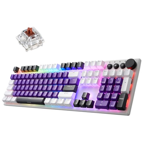 iRocks K74R Wireless RGB Illuminated Mechanical Gaming Keyboard, Hot-Swappable Switches, Floating Design, PBT 107 Keys NKRO, Detachable USB-C Cable - White Amethyst (Brown Switches) - color: White Amethyst, size: Brown Switches